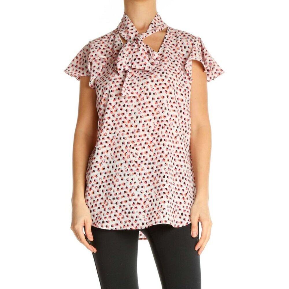 Adrianna Papell Orange Object Print Casual Shirt Women's Size Medium Tie Neck Bl